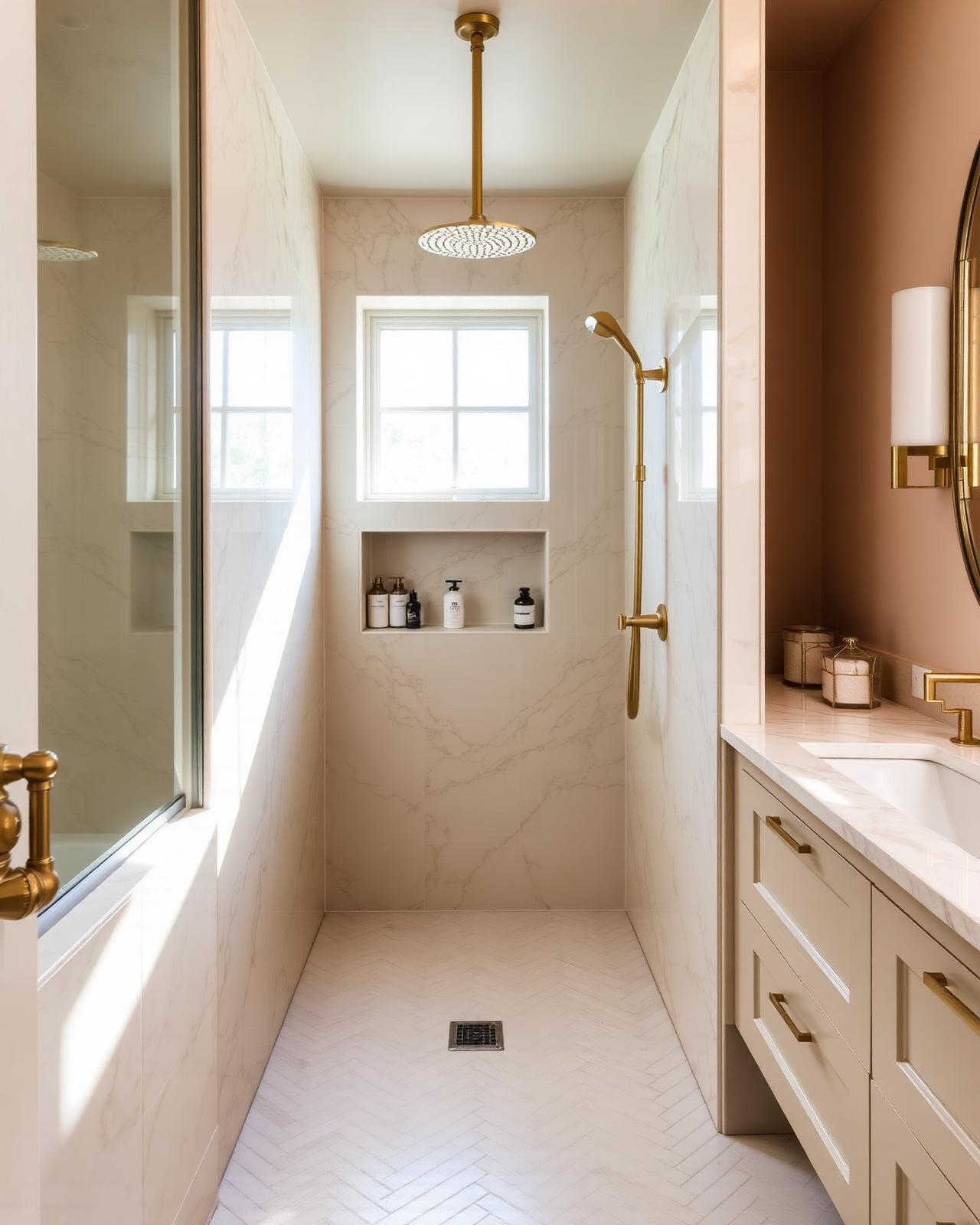 Marble walk-in shower with brass rainfall fixture