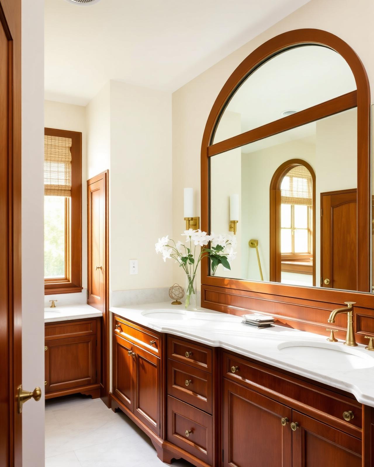 Custom double vanity with arched mirror and brass hardware