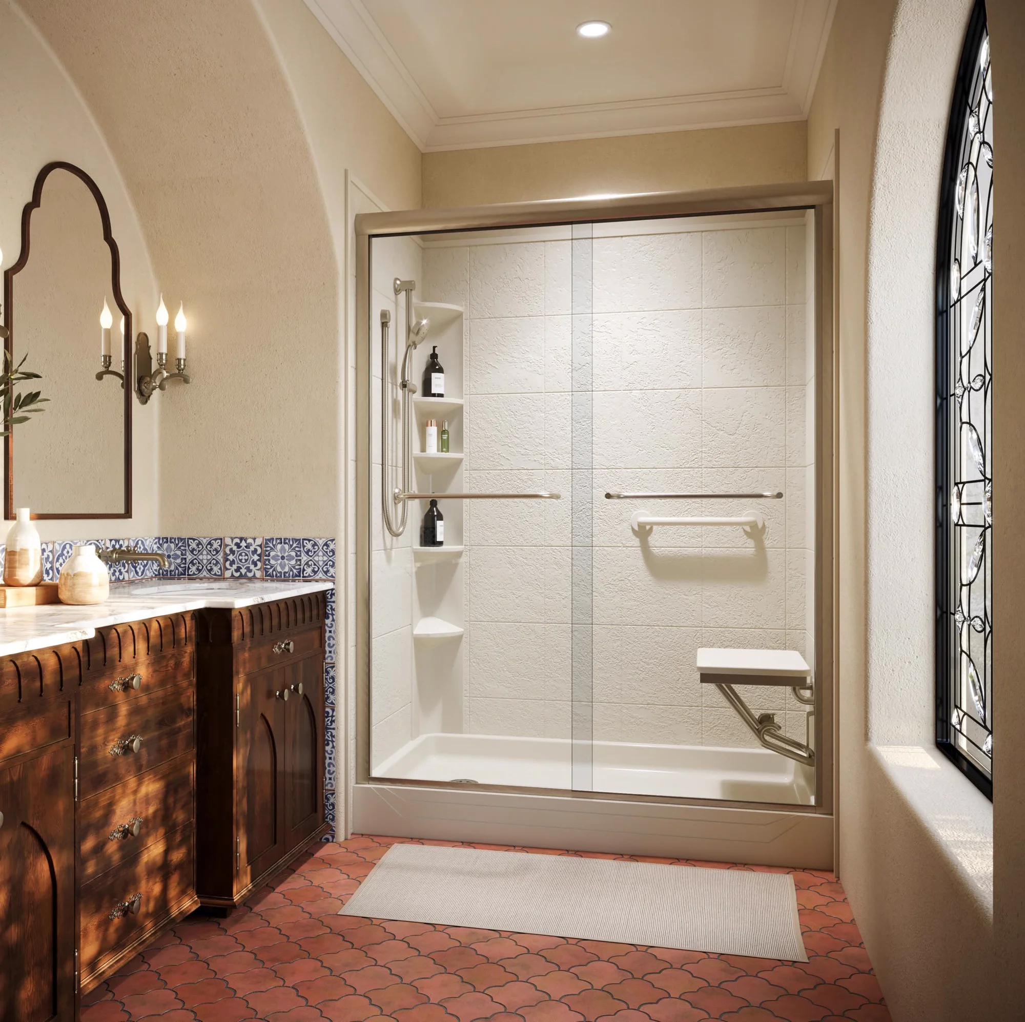 Travertine-look walls with brushed nickel
