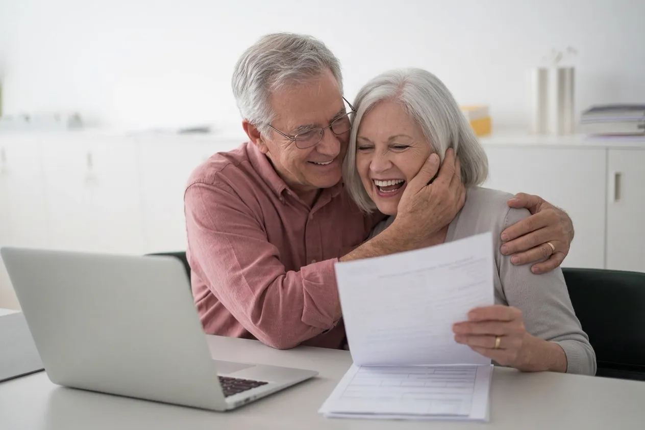 Senior couple smiling over paperwork