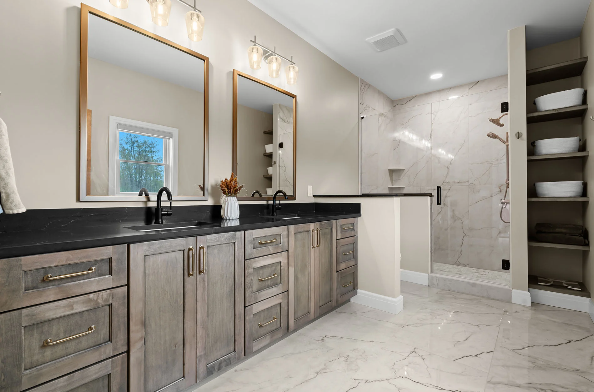Detail of beaded inset cabinetry and brass hardware