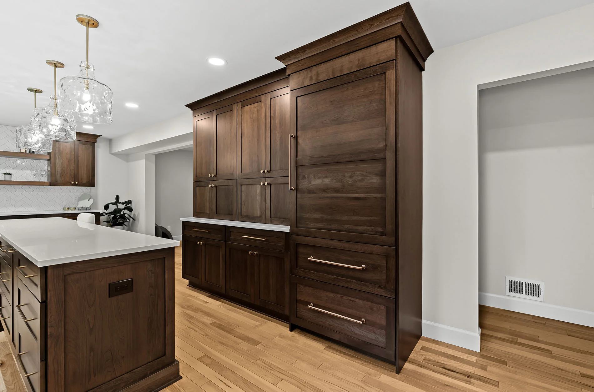 Built-in bench seating beside a large window