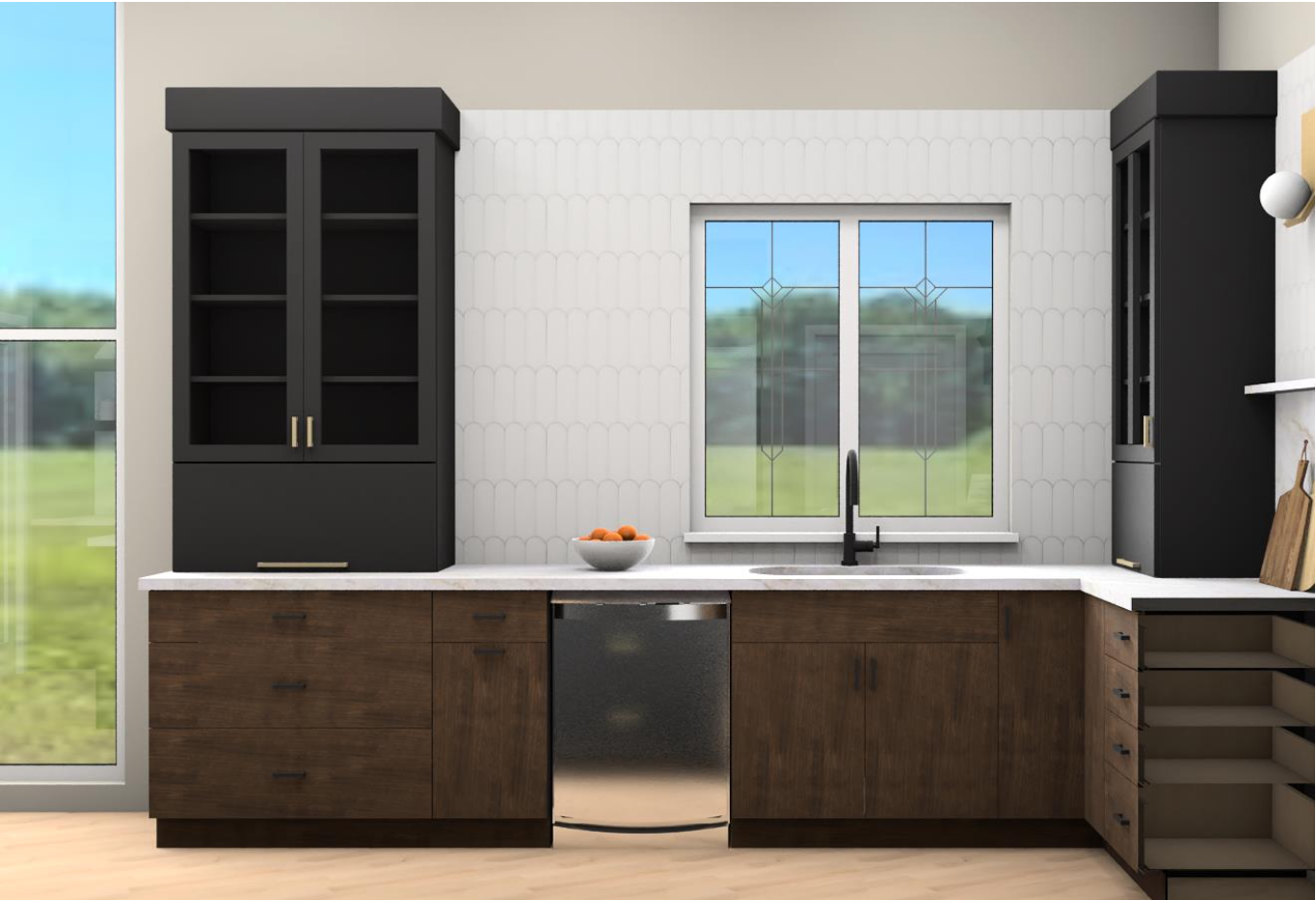Concept rendering: sink wall with leaded glass window and walnut cabinetry