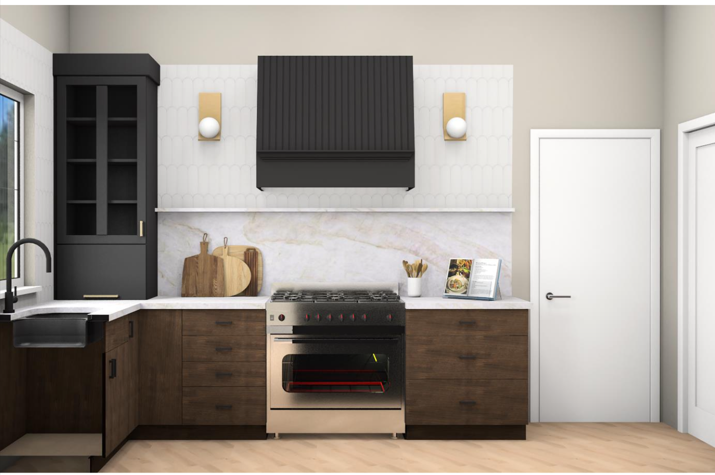 Concept rendering: black fluted range hood with brass sconces