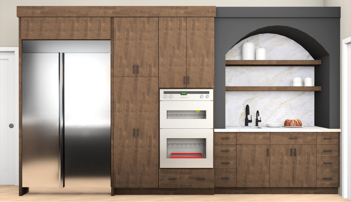 Concept rendering: walnut tall cabinetry with arched bar nook