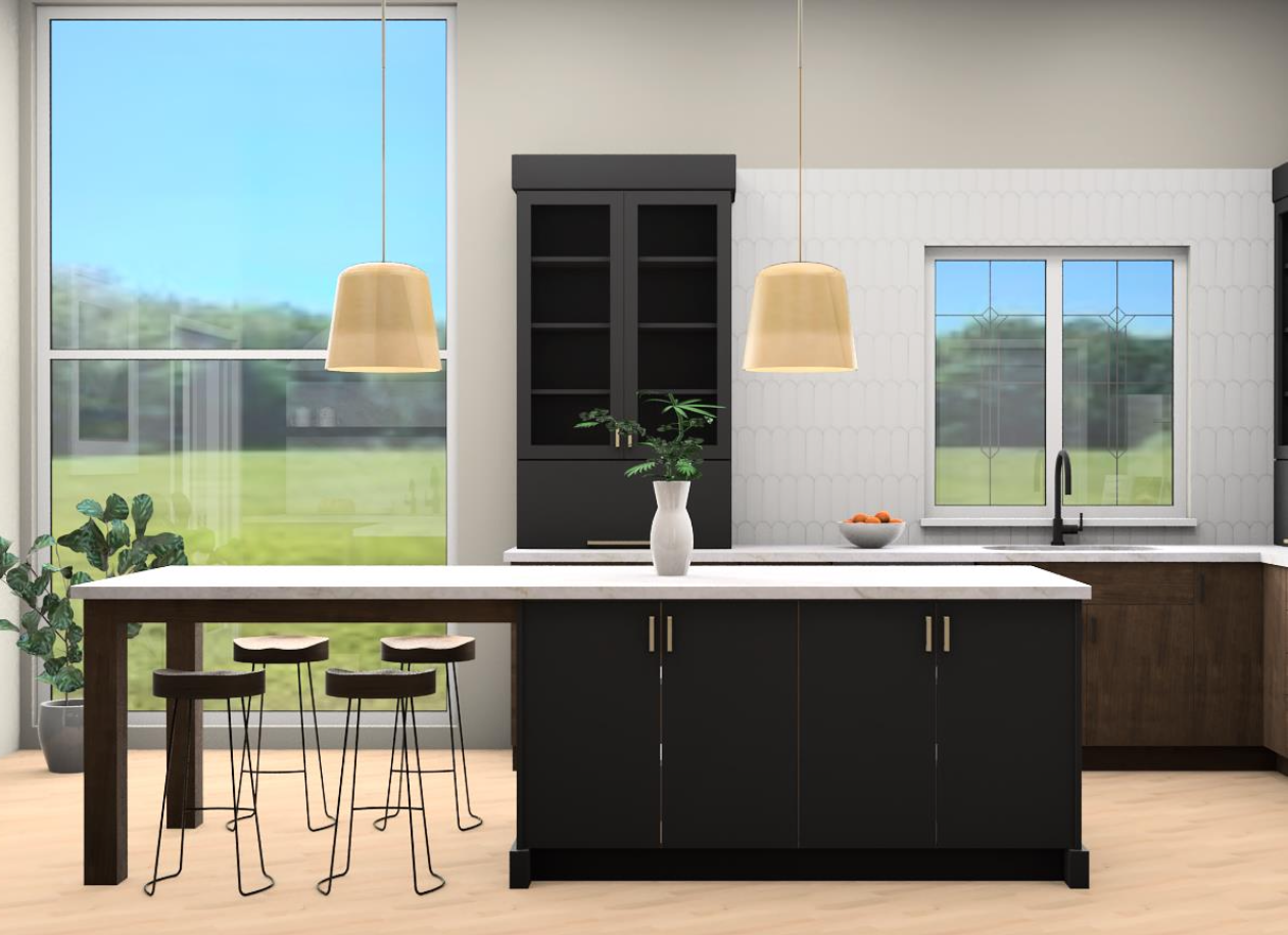 Concept rendering: black painted island with waterfall quartzite