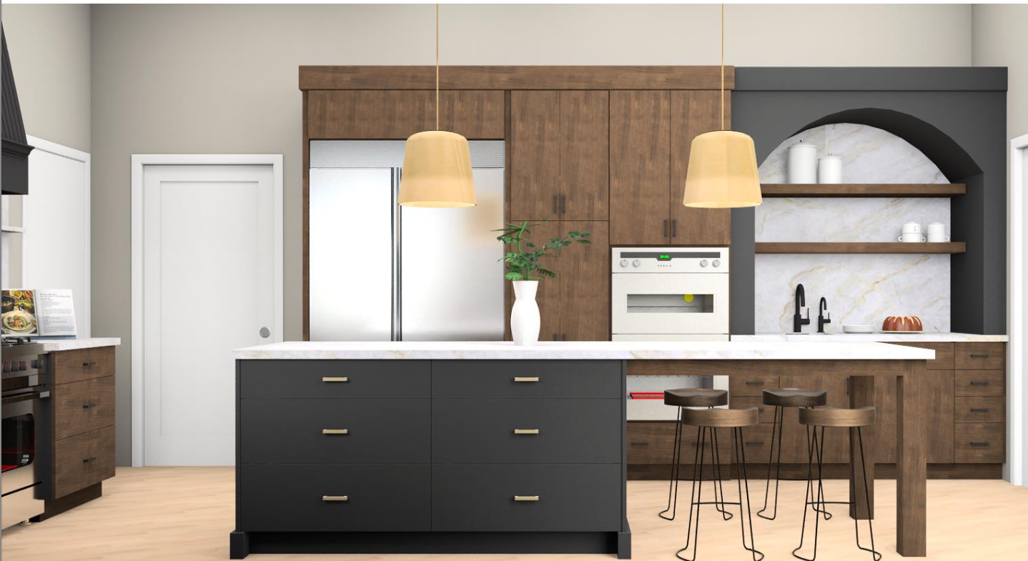 Concept rendering: wide kitchen view with pendants and arched feature